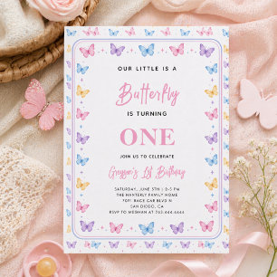 Cute Pink Purple Butterfly 1st Birthday for Girls Invitation