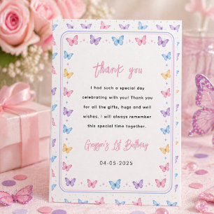 Cute Pink Purple Butterfly 1st Birthday for Girls Thank You Card