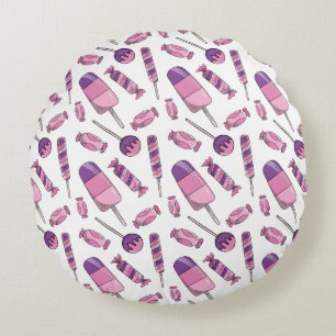 Cute Pink & Purple Candy Popsicle Sweet Treats Round Cushion