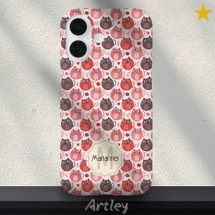 Cute Pink Purple Cat Polka Dots Name Monogram iPhone 16 Case