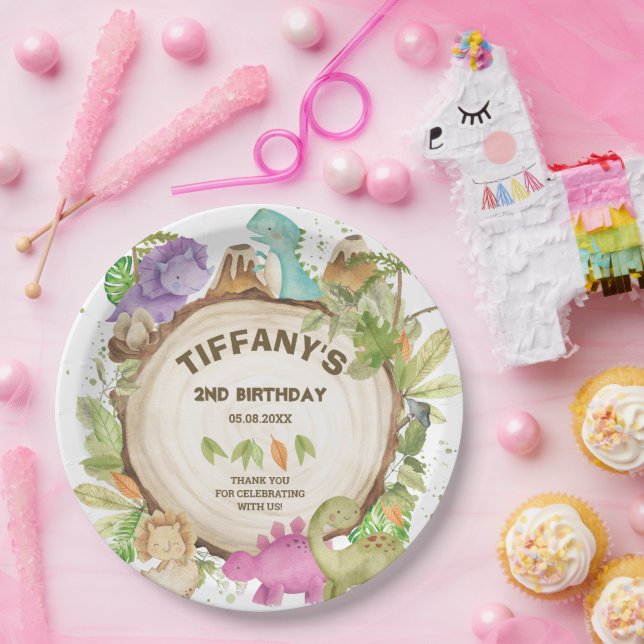 Cute Pink Purple Dinosaurs Jurrasic Girl Birthday  Paper Plate (Party)