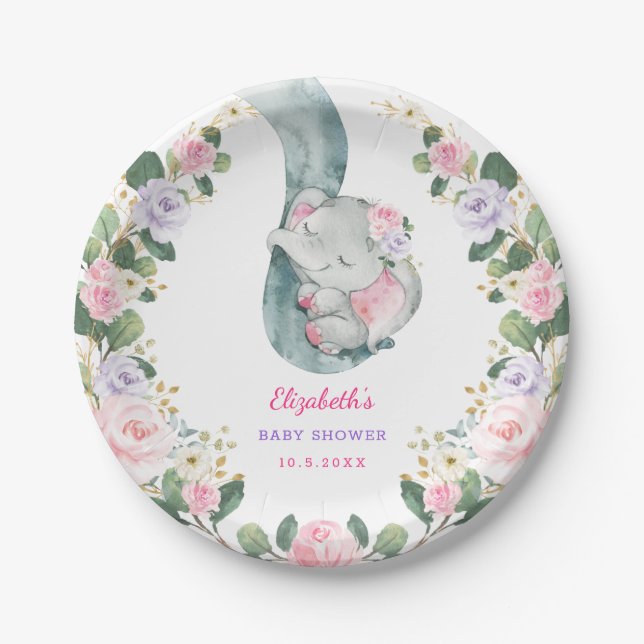 Cute Pink Purple Floral Elephant Girl Baby Shower Paper Plate (Front)