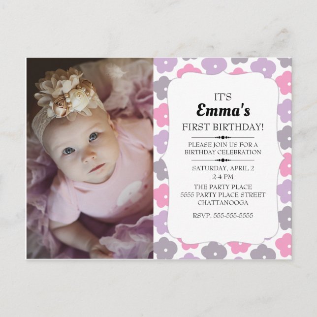 Cute Pink Purple Flowers Little Girl 1st Birthday Postcard (Front)