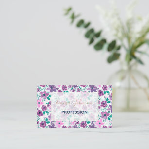 Cute Pink & Purple Flowers Watercolor Painting Business Card