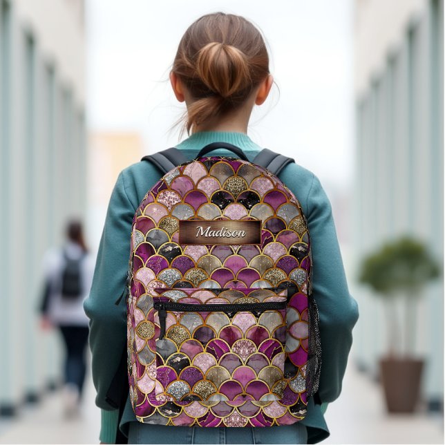 Cute pink purple gold mermaid scales printed backpack (Creator Uploaded)