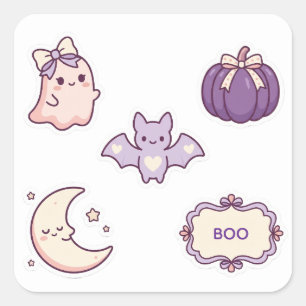 Cute Pink Purple Halloween Ghost Bat Pumpkin Moon Square Sticker