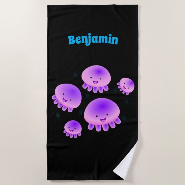 Cute pink purple jellyfish kawaii cartoon beach towel (Front)