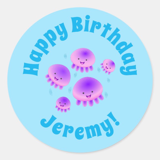 Cute pink purple jellyfish kawaii cartoon classic round sticker (Front)