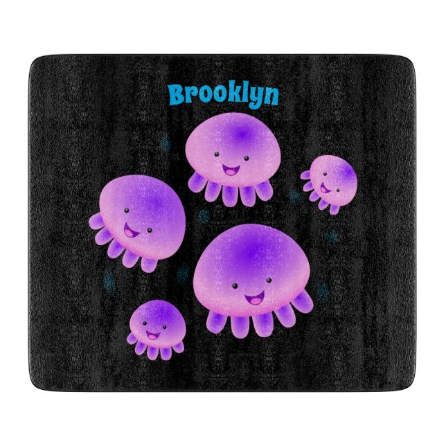 Cute pink purple jellyfish kawaii cartoon cutting board (Front)