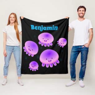 Cute pink purple jellyfish kawaii cartoon fleece blanket