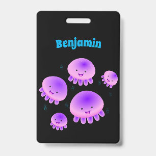 Cute pink purple jellyfish kawaii cartoon ID badge