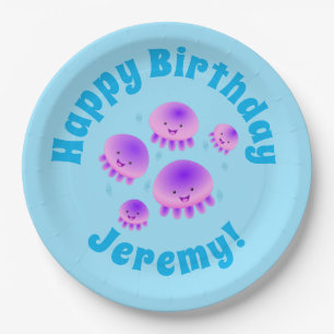 Cute pink purple jellyfish kawaii cartoon paper plate
