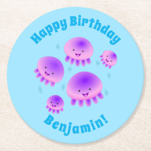 Cute pink purple jellyfish kawaii cartoon round paper coaster