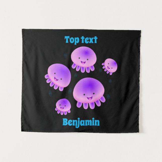 Cute pink purple jellyfish kawaii cartoon  tapestry (Front (Horizontal))