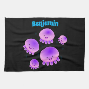 Cute pink purple jellyfish kawaii cartoon tea towel