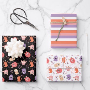 Cute Pink Purple Monsters Mixed Halloween Patterns Wrapping Paper Sheet