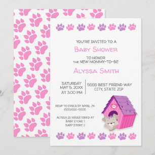 Cute Pink Purple Puppy Dog Baby Shower Invite