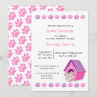 Cute Pink Purple Puppy Dog Baby Shower Invite