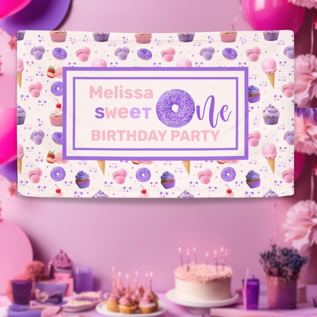 Cute Pink Purple Sweet One Birthday Party Banner (Creator Uploaded)