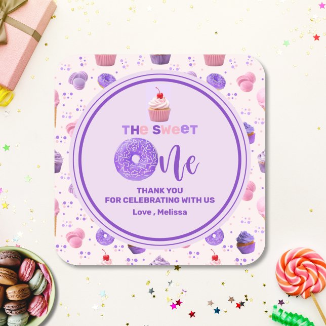 Cute Pink Purple Sweet One Pattern Birthday  Square Sticker (Creator Uploaded)