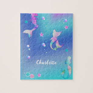 Cute Pink Purple Teal Mermaids Girly Personalized Jigsaw Puzzle