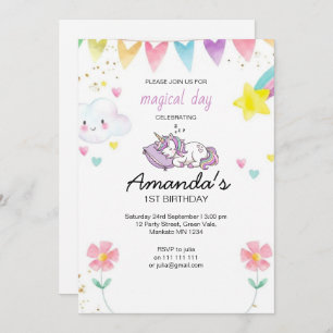 Cute Pink Purple Unicorn Confetti Birthday Party Invitation