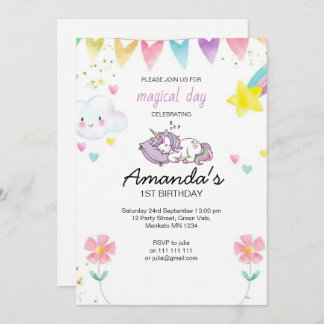 Cute Pink Purple Unicorn Confetti Birthday Party Invitation