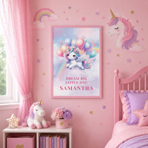 Cute Pink Purple Unicorn Girl Birthday Wall Poster