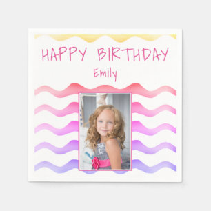 Cute Pink Purple Waves Girl Birthday Photo Napkin