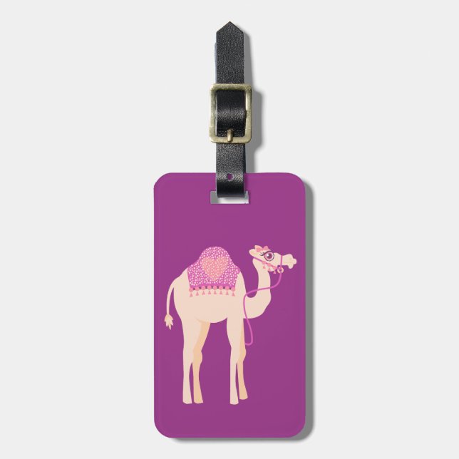 Cute pink purple whimsy camel custom luggage tag (Front Vertical)