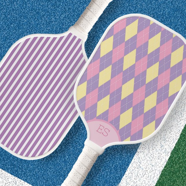 Cute pink purple yellow argyle pickleball paddle (Creator Uploaded)