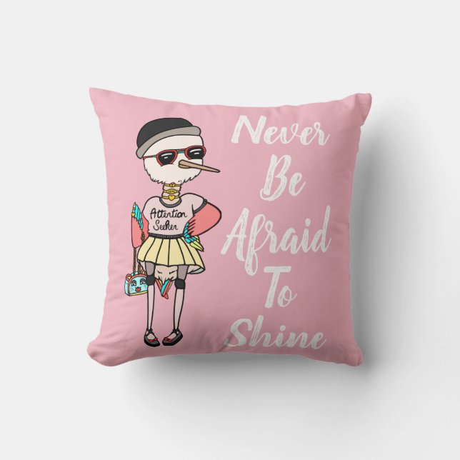 Cute Pink Quirky Bird with Inspirational Quote Cushion (Front)