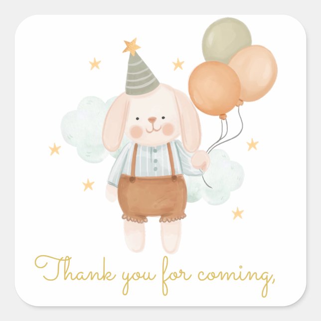 Cute Pink Rabbit & Baloons Birthday  Square Sticker (Front)