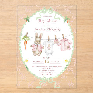 Cute Pink Rabbit Clothesline Baby Shower  Acrylic Invitations