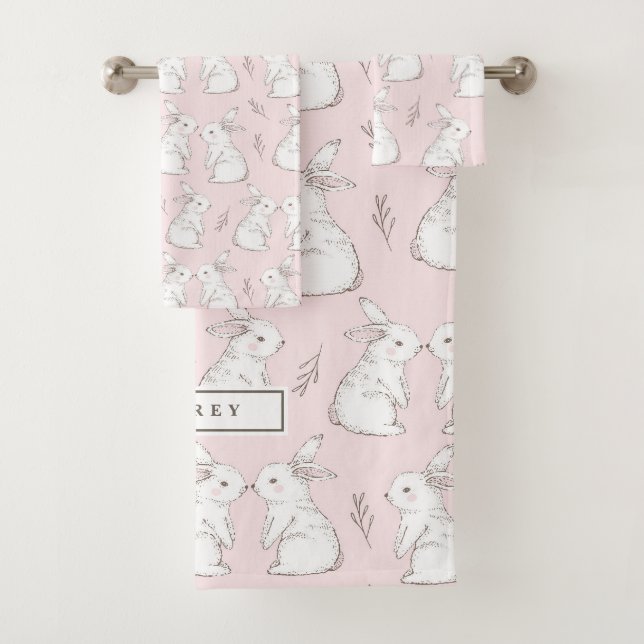 Cute Pink Rabbit Pattern Bath Towel Set (Insitu)