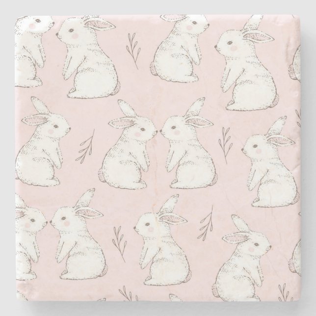 Cute Pink Rabbit Pattern Stone Coaster (Front)