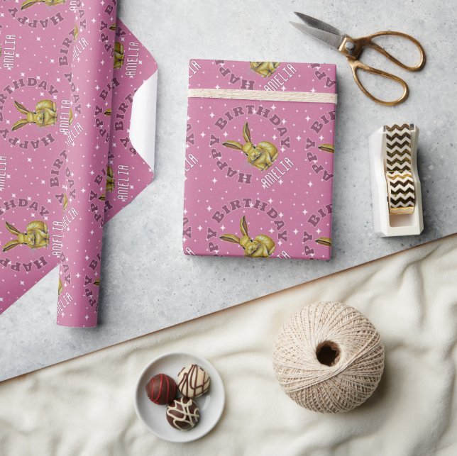 Cute Pink Rabbit Stars Pattern Name Wrapping Paper (Crafts)