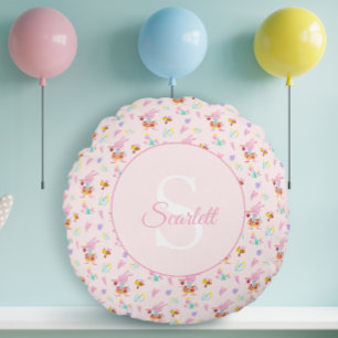 Cute Pink Rabbit Trumpet Garden Blue Monogram Round Cushion