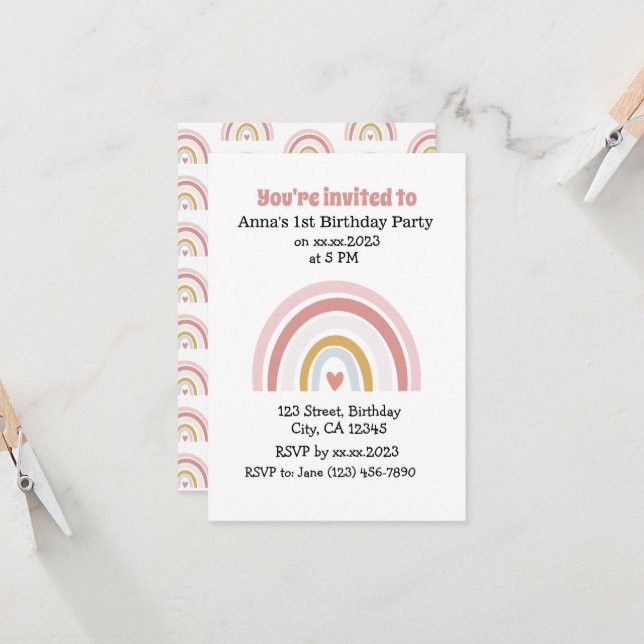 Cute Pink Rainbow Boho Chic Birthday Invitation (Front/Back In Situ)