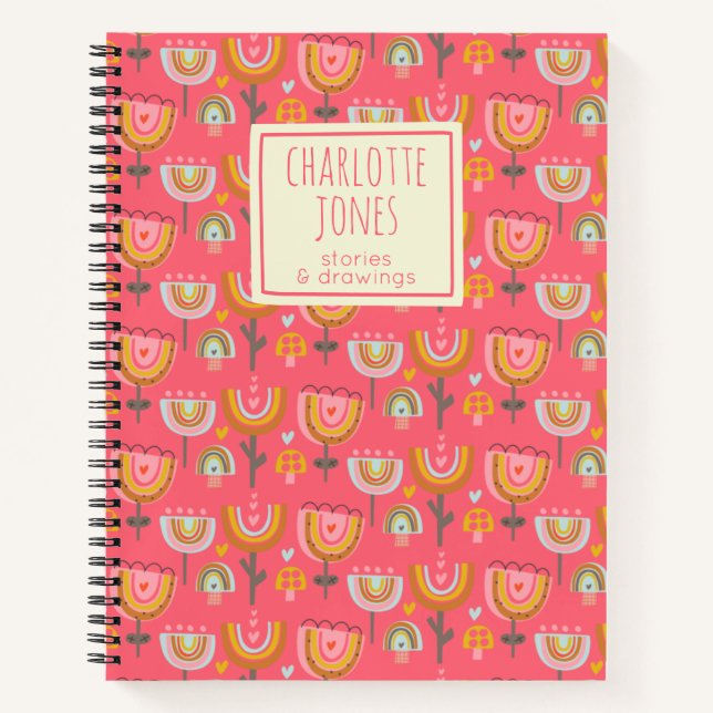 Cute Pink Rainbow Flowers Personalised Story Notebook (Front)