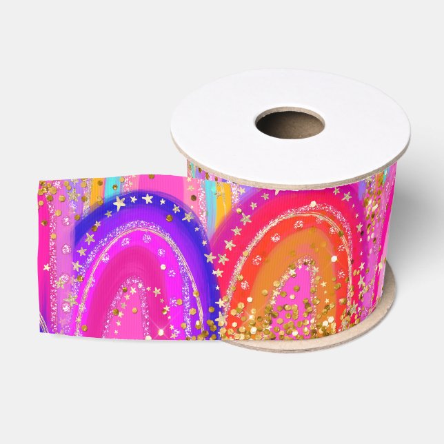 Cute Pink Rainbow Glitter Grosgrain Ribbon (Spool)