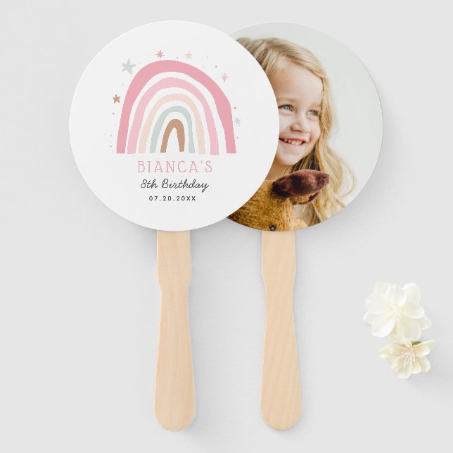 Cute Pink Rainbow Kids Birthday Party Photo Hand Fan (Front and Back)