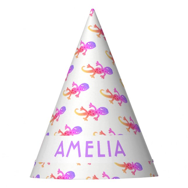 Cute Pink Rainbow Lizard Gecko BIrthday Party Hat (Front)