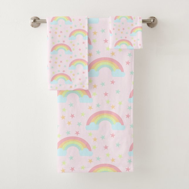 Cute Pink Rainbow Stars Soft Pastel Colour Kawaii Bath Towel Set (Insitu)