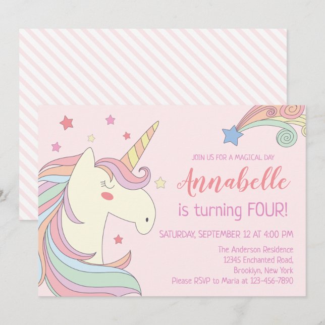 Cute Pink Rainbow Stars Unicorn Birthday Party Invitation (Front/Back)