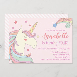 Cute Pink Rainbow Stars Unicorn Birthday Party Invitation