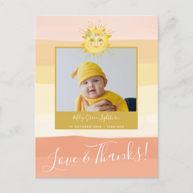 Cute Pink Rainbow Sunshine Baby Shower Thank You Postcard (Front)