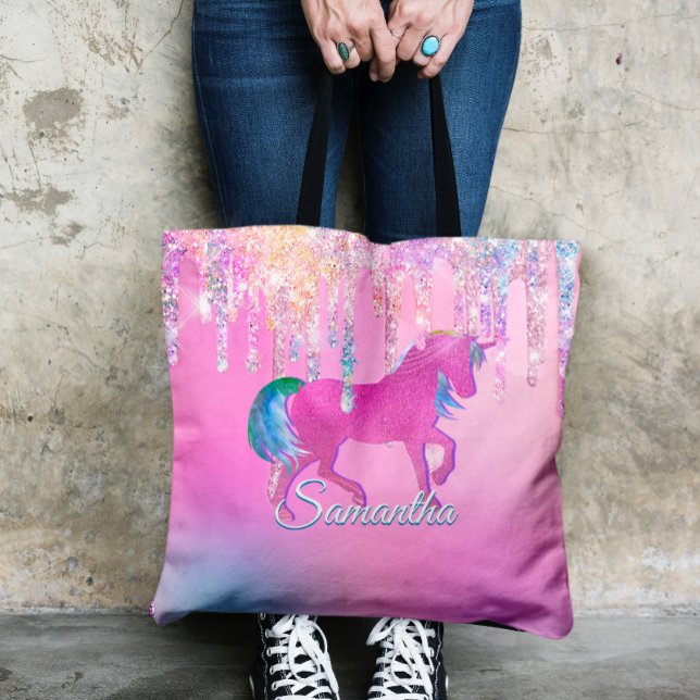 Cute Pink Rainbow unicorn Glitter Drips monogram Tote Bag (Creator Uploaded)