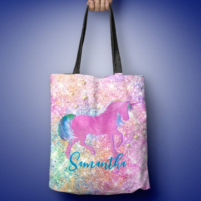 Cute Pink Rainbow unicorn Glitter monogram Tote Bag (Creator Uploaded)