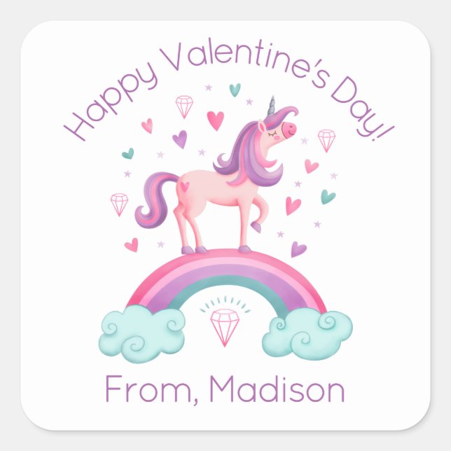Cute Pink Rainbow Unicorn kids Classroom Valentine Square Sticker (Front)